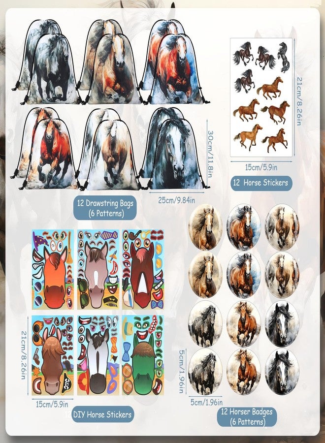 Dansydaisy 114 Pcs Horse Themed Party Favor Supplies with Drawstring Bag Mini Figurines Keychain Silicone Bracelets Badges Puzzle Stickers Notepads Soft Pencils for Horses Birthday Party Decoration - Image 2